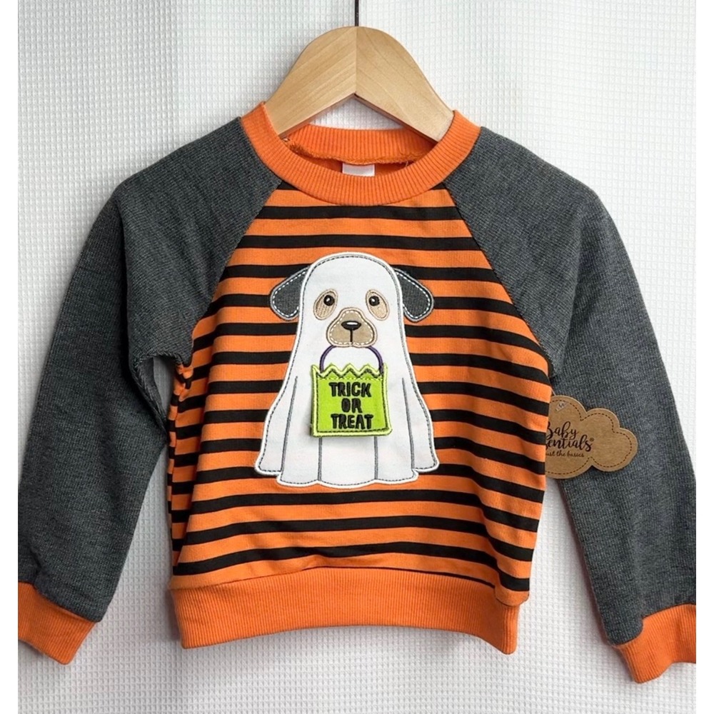 Baby Essentials Halloween Dog Ghost Striped Sweatshirt Orange Black Grey 2T NWT